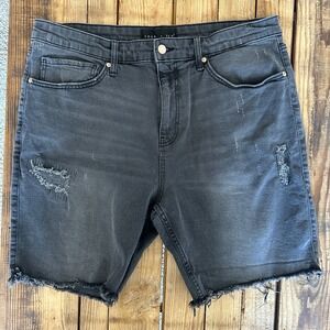 Edgar + Ash Mens Distressed Denim Shorts Faded Black Raw Hem Size 38